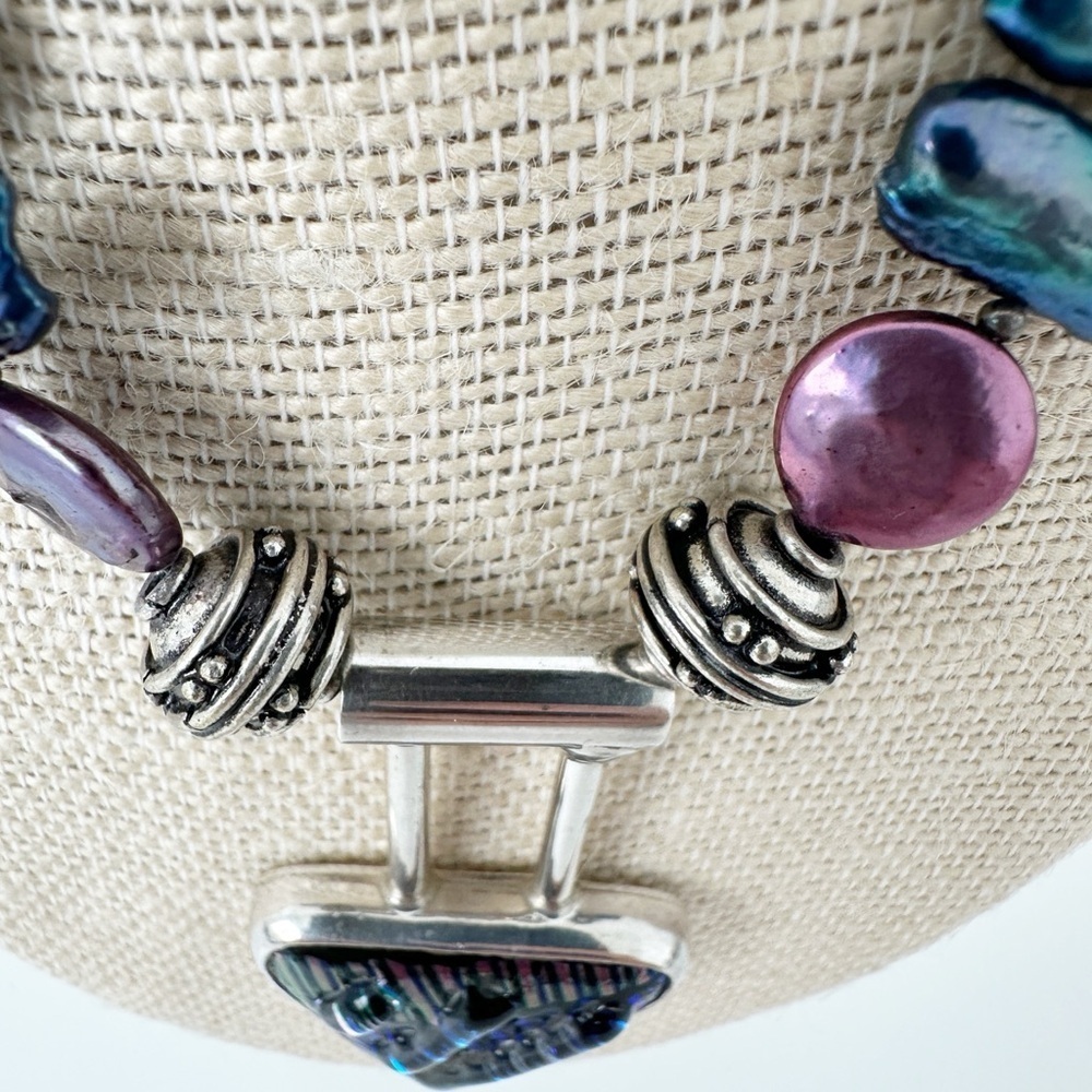 Genuine Sterling Silver Necklace, Blue & Pink Pearls, Dichrioc Glass Pendant - Picture 3 of 11